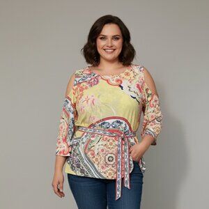 Colorful Floral Cold-Shoulder Belted 3/4 Length Sleeve Top XL